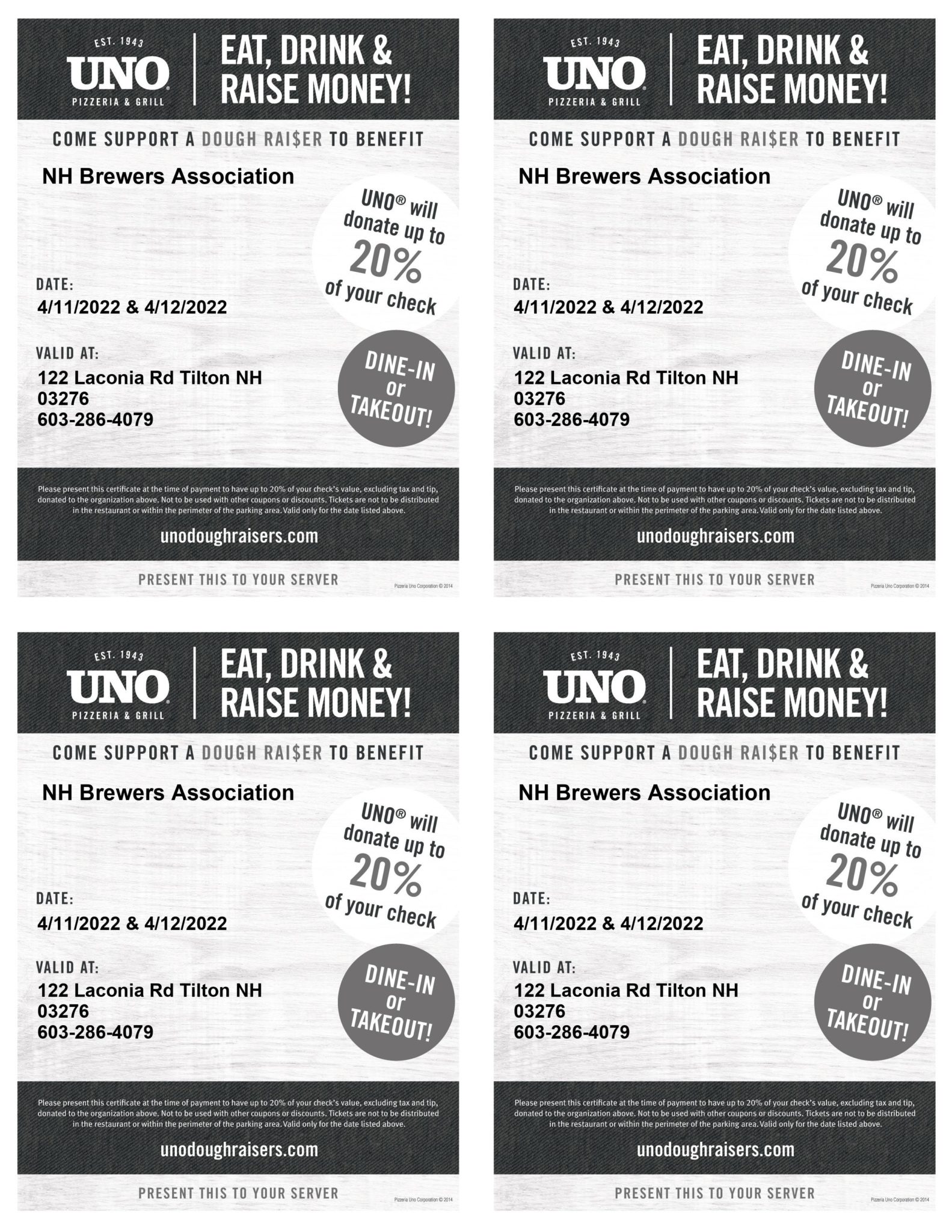 NH Craft Beer Week Fundraiser & Beer Tasting Uno's Tilton NHBA