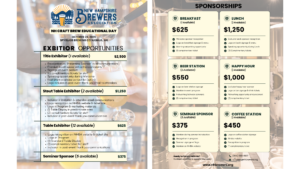 NH Craft Brew Educational Day sponsorship flyer for October 26, 2026 at Spyglass Brewing Co, Nashua, NH. Left panel lists exhibitor tiers and sponsorship on right